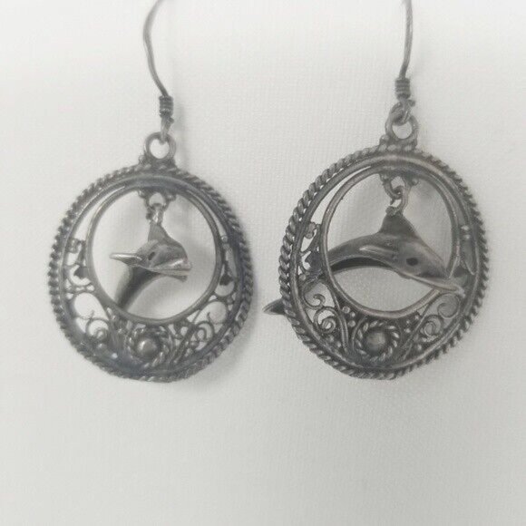 Vintage Dolphin Sterling Silver Filigree Earrings - Picture 1 of 4